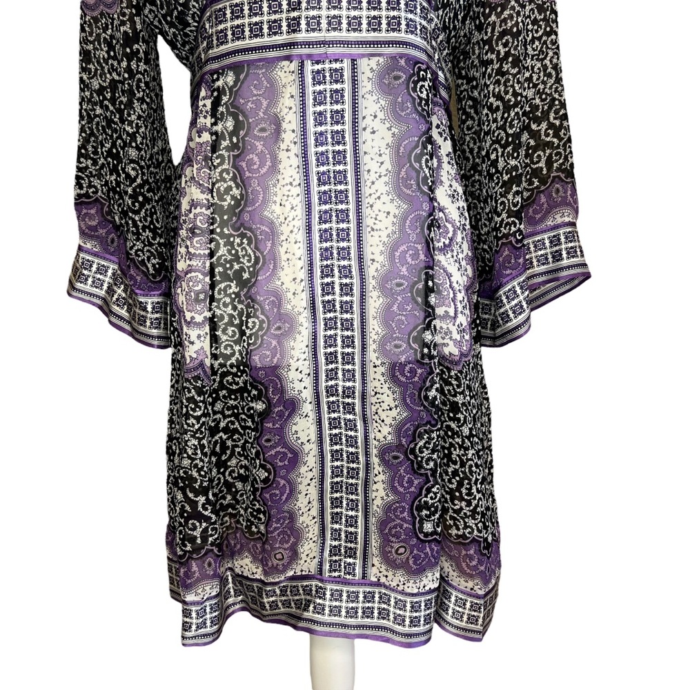 INC International Concepts  VNeck Long Sleeve Black Purple Sheer Silk Dress * 10 - Picture 5 of 15